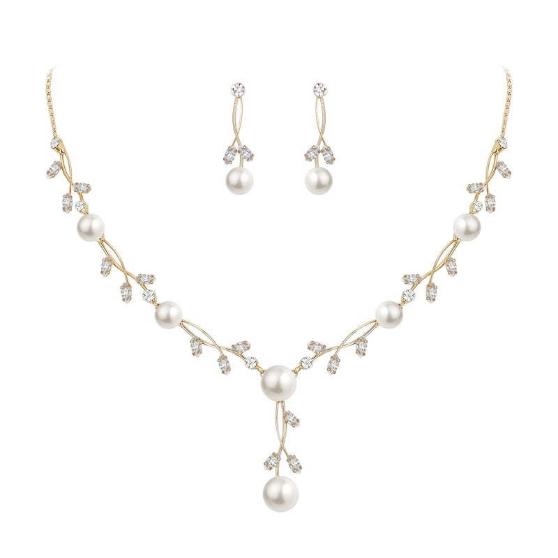 EVER FAITH CZ Crystal Cream Simulated Pearl Floral Vine Filigree Necklace Earrings Set Clear Gold-Plated-Brass - Image 1